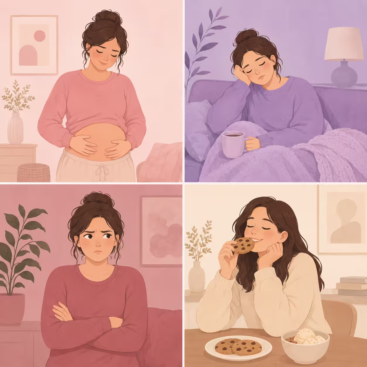 Faza lutealna objawy — ilustracja najczęstszych objawów fazy lutealnej: wzdęcia, zmęczenie, wahania nastroju