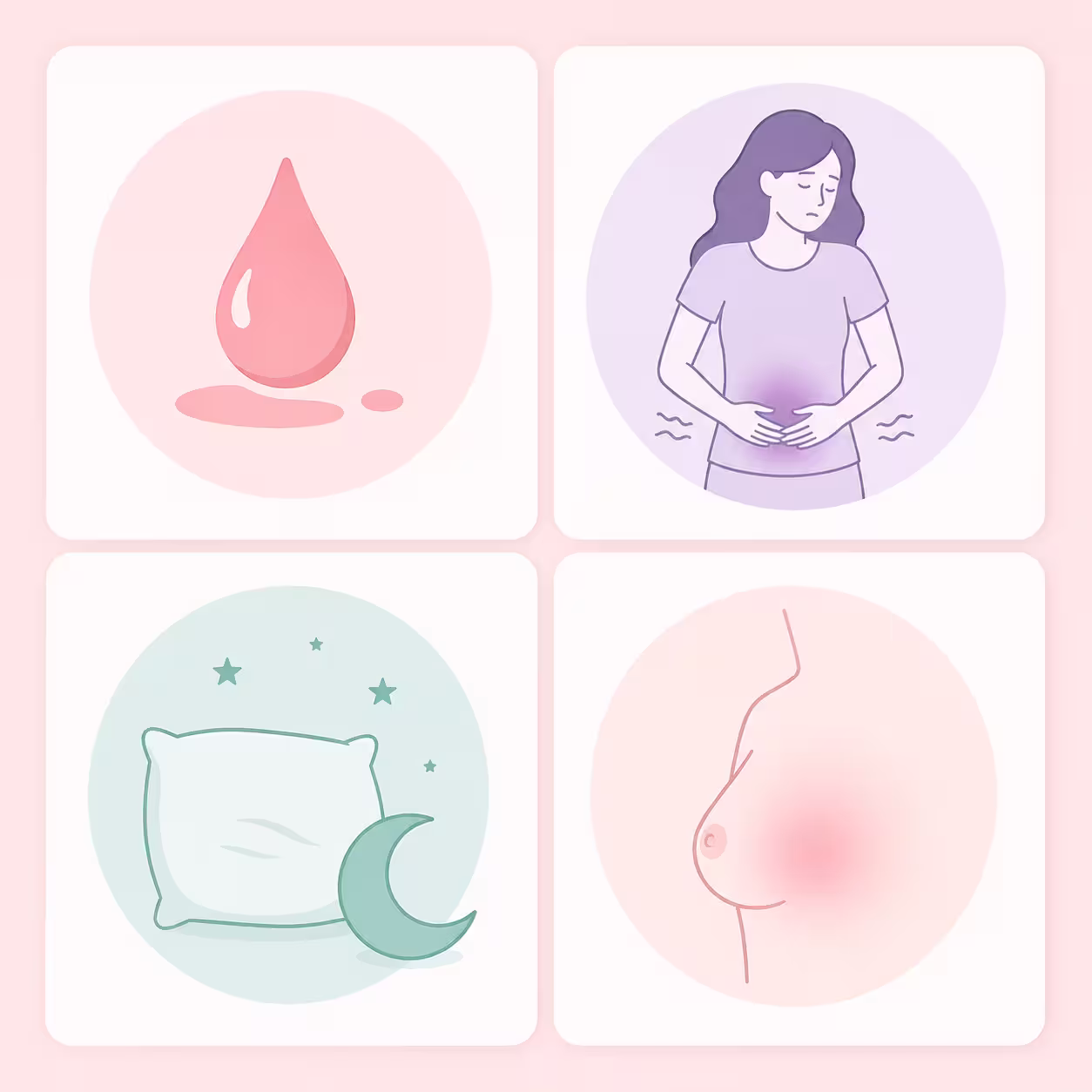 Ilustracja objawów implantacji zarodka: krwawienie implantacyjne, ból podbrzusza, zmęczenie